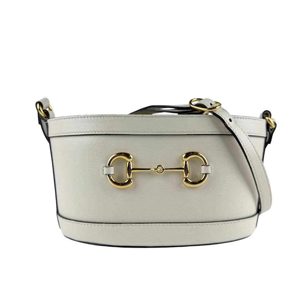 Gucci Horsebit Leather GG Canvas Shoulder Bag Ivory White